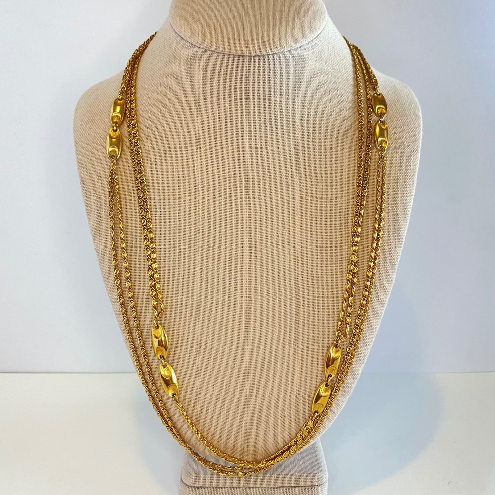 Monet Vintage Gold Tone Double Scroll Chain Station Necklace Flapper Rope - Picture 9 of 12